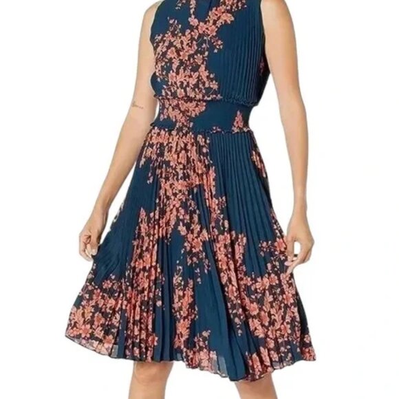 Nanette Lepore Navy Blue & Coral Floral Plisse Pleated Smocked Dress - 12 - Picture 1 of 6